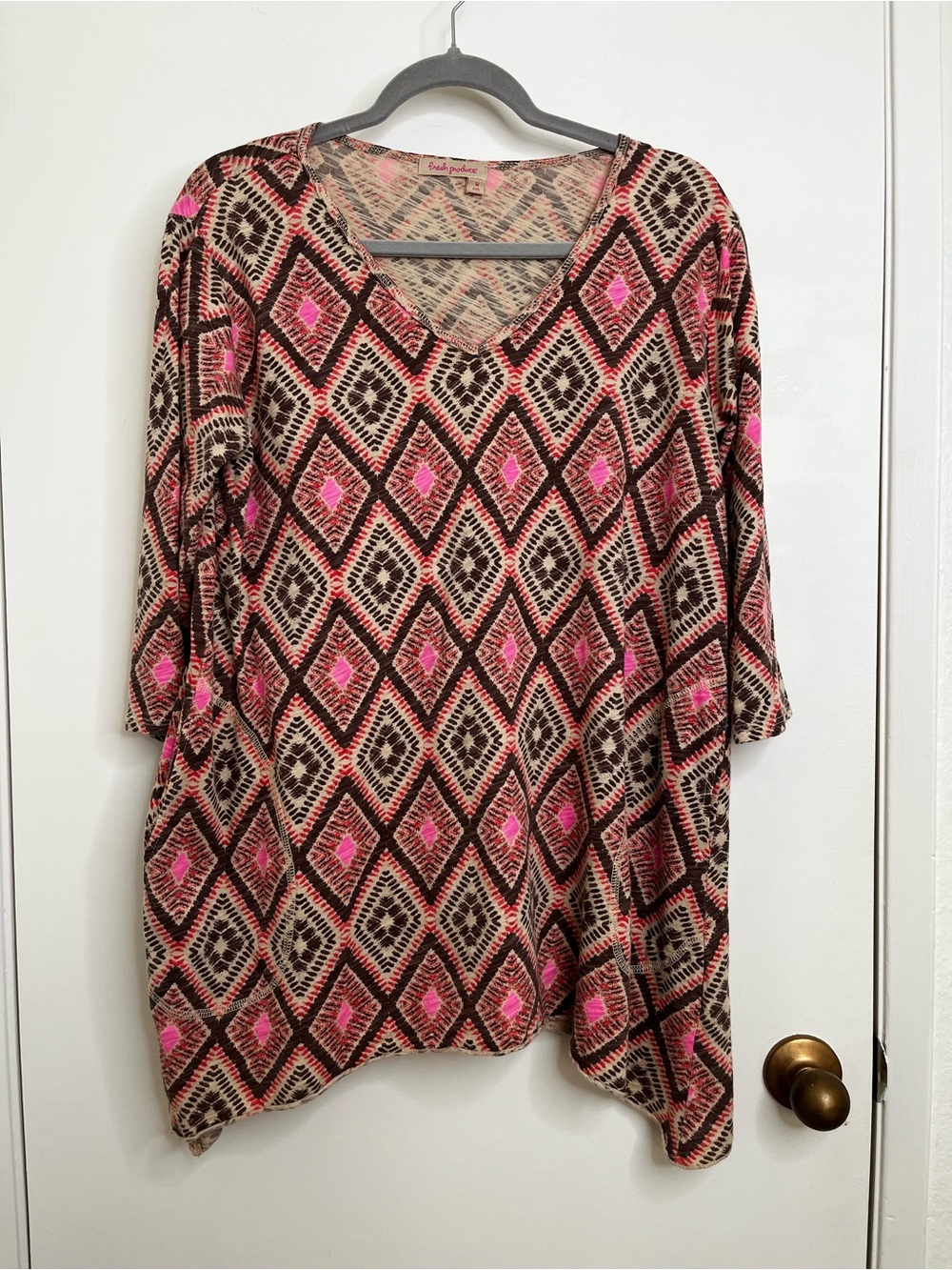 fresh produce Santa Barbara Tunic Top Med Geometric Pink Brown 100% Cotton USA